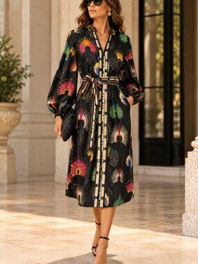 FARM Rio Wonderful Headdress Tie-Waist Linen Blend Midi Dress Black Size Medium